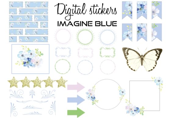 Digital Stickers Floral and Frames Blue