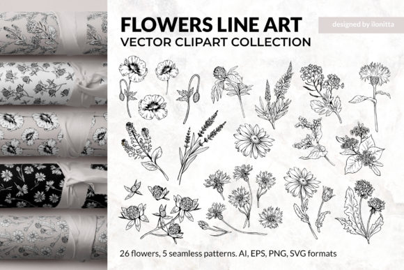 Flowers Line Art, Vector Floral Clipart: A Versatile Resource for Creative Projects
