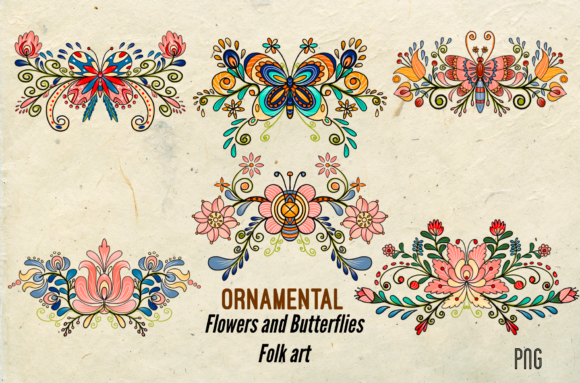 Ornamental Flowers Butterflies Folk Art: A Versatile Decorative Element for Creative Projects